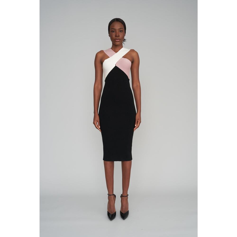NWT Le Superbe Drinks on You Black Ribbed Bodycon Strappy Midi Dress size Medium